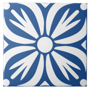 Blauw & wit abstract bloemmotief geometrisch tegeltje