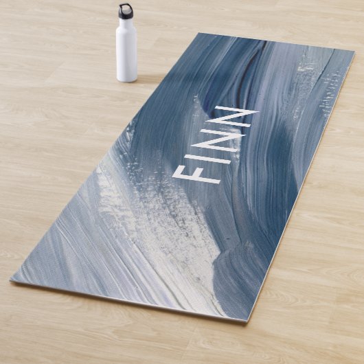 Blauw wit abstract getextureerd modern handgeschil yogamat (In situ)