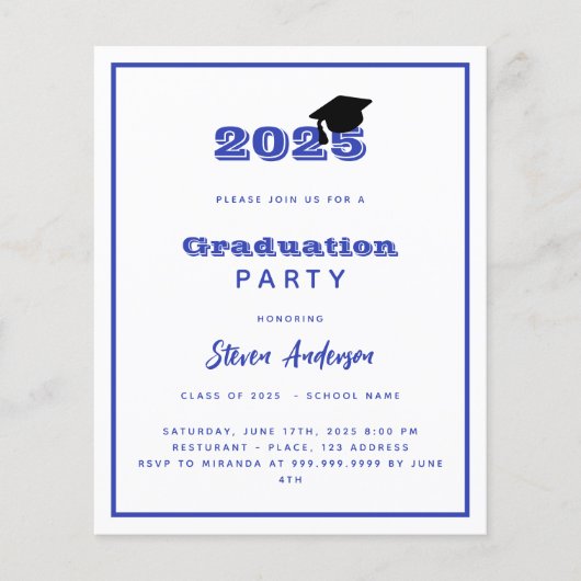 Blauw wit afstudeerfeest 2025 uitnodiging (Voorkant)