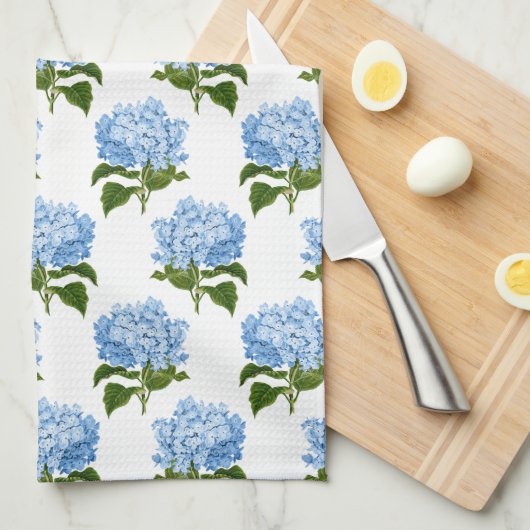 Blauw Wit Antiek Hydrangea Illustratiepatroon Theedoek (Quarter Fold)