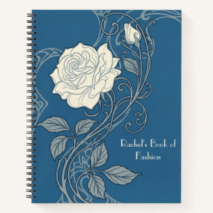 Blauw & Wit Art Nouveau Roos Notitieboek