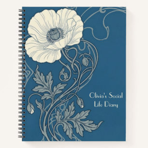 Blauw & Wit Art Nouveau Witte Klaproos Notitieboek