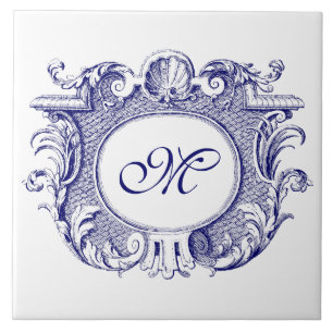 Blauw & Wit Barok Cartouche Shell Monogram Tegeltje