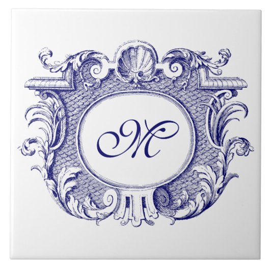 Blauw & Wit Barok Cartouche Shell Monogram Tegeltje (Voorkant)