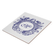 Blauw & Wit Barok Cartouche Shell Monogram Tegeltje (Zijkant)