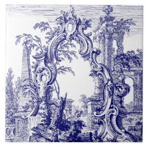 Blauw & Wit Barokke Rococo Cartouche Ruïnes Tegeltje