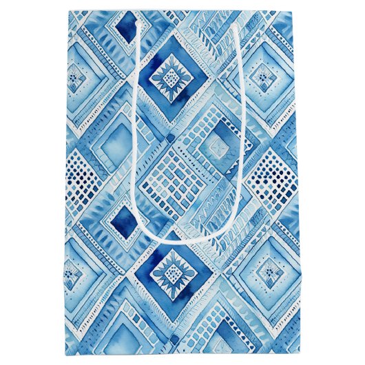 Blauw Wit Batik Vierkant Juweel Medium Cadeauzakje (Achterkant)