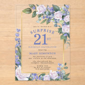 Blauw Wit Bloemen 21e Verjaardag Verrassingsfeest Acryl Uitnodigingen (Voorkant)