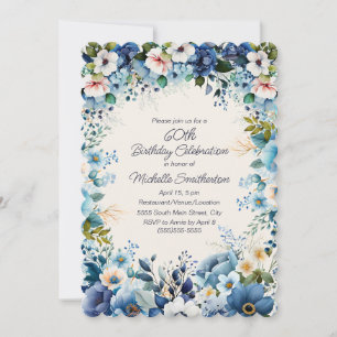 Blauw Wit Bloemen 60ste Schulpvormige Verjaardag Kaart