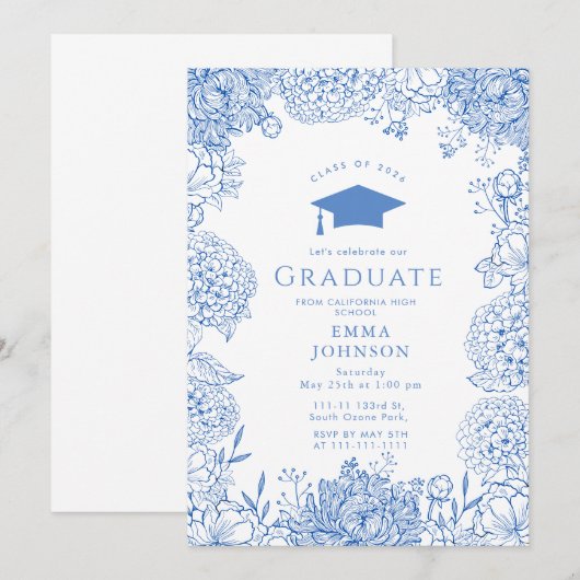 Blauw Wit Bloemen Afstudeerfeest Kaart (Voorkant / Achterkant)
