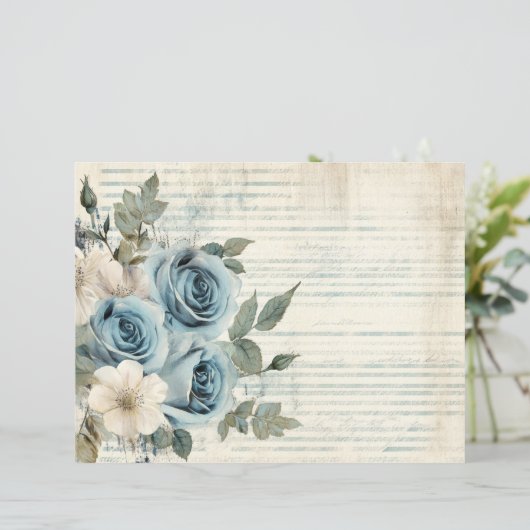 Blauw Wit Bloemen Antiek Papieren Blad (Staand voorkant)