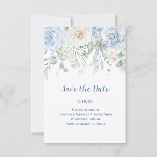  Blauw & Wit Bloemen Bewaar de Datum Save The Date (Voorkant)