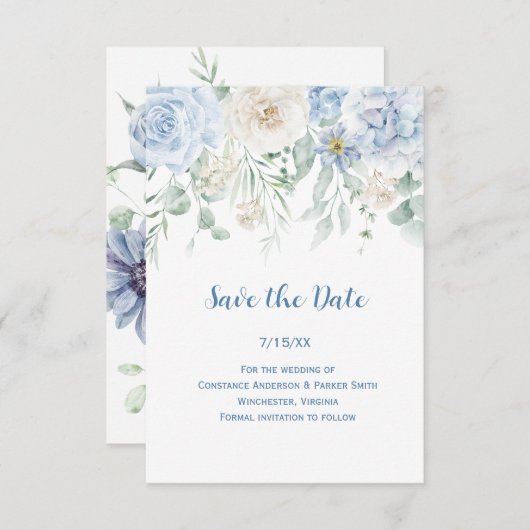 Blauw & Wit Bloemen Bewaar de Datum Save The Date (Voorkant / Achterkant)