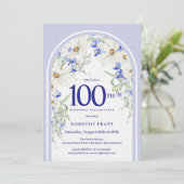 Blauw Wit Bloemen Boho Arch 100e Verjaardagsfeest Kaart (Staand voorkant)