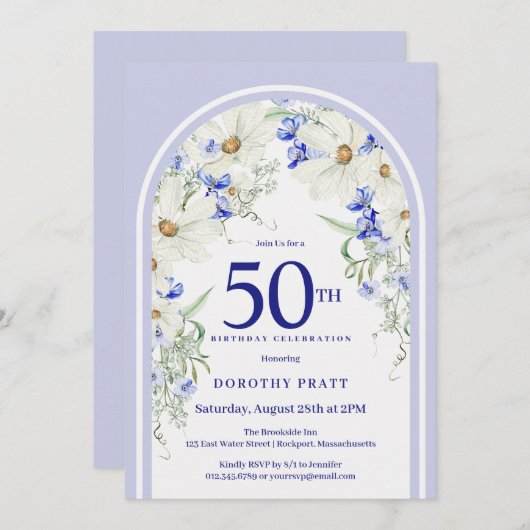 Blauw Wit Bloemen Boho Arch 50e Verjaardagsfeest Kaart (Voorkant / Achterkant)