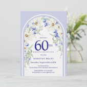 Blauw Wit Bloemen Boho Arch 60e Verjaardagsfeest Kaart (Staand voorkant)