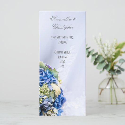 Blauw Wit bloemen bruiloft kerk huwelijksprogramma Programma (Staand voorkant)