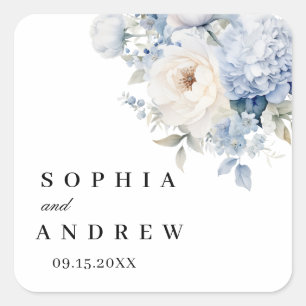 Blauw & Wit Bloemen Bruiloft Vierkante Sticker