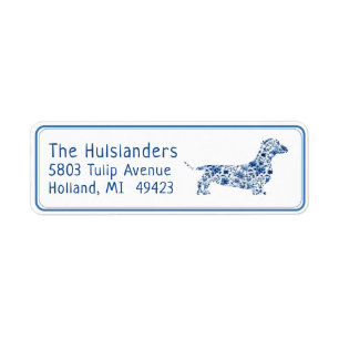 Blauw Wit Bloemen Dachshund Retouradres Label