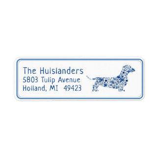Blauw Wit Bloemen Dachshund Retouradres Label