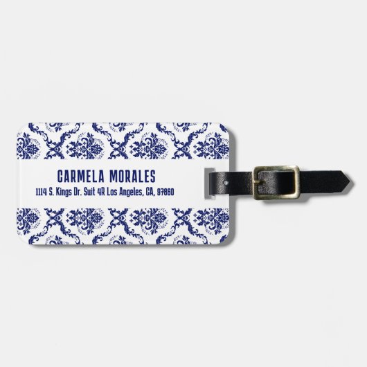 Blauw & Wit Bloemen Damast Bagagelabel (Voorkant horizontaal)