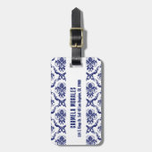 Blauw & Wit Bloemen Damast Bagagelabel (Voorkant verticaal)