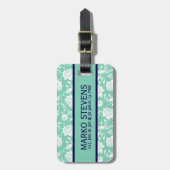 Blauw & Wit Bloemen Damast Blauwgroen Accenten Bagagelabel (Voorkant verticaal)