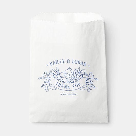  Blauw & Wit Bloemen Elegant Bruiloft Bedankzakje (Voorkant)