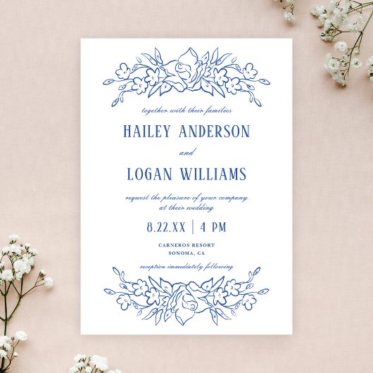 Blauw & Wit Bloemen Elegant Bruiloft Kaart