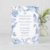 Blauw wit bloemen elegante verjaardag kaart (Staand voorkant)