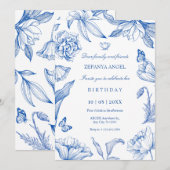 Blauw wit bloemen elegante verjaardag kaart (Voorkant / Achterkant)