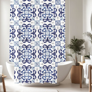 Blauw & Wit Bloemen Marokkaanse Tegel Patroon Douchegordijn