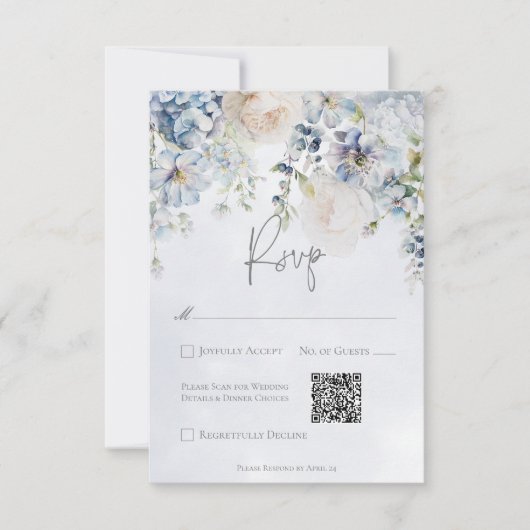 Blauw & Wit Bloemen Moderne Huwelijk QR Code RSVP Kaartje (Voorkant)