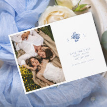 Blauw & Wit Bloemen Monogrammed Wedding Flat