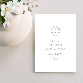 Blauw & Wit Bloemen Monogrammed Wedding Flat Save The Date
