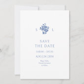 Blauw & Wit Bloemen Monogrammed Wedding Flat Save The Date (Voorkant)