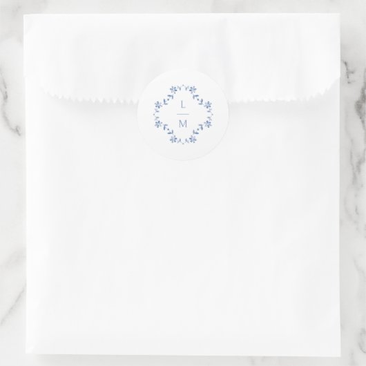 Blauw & Wit Bloemen Monogrammed Wedding Ronde Sticker (Tas)