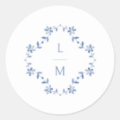 Blauw & Wit Bloemen Monogrammed Wedding Ronde Sticker (Voorkant)