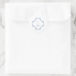 Blauw & Wit Bloemen Monogrammed Wedding Ronde Sticker