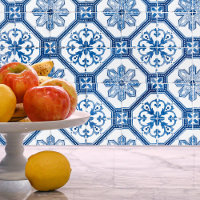 Blauw Wit Bloemen Mozaïek Tegel Patroon Peel Stick