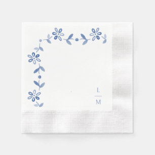 Blauw & Wit Bloemen Paar Initialen bruiloft Servet