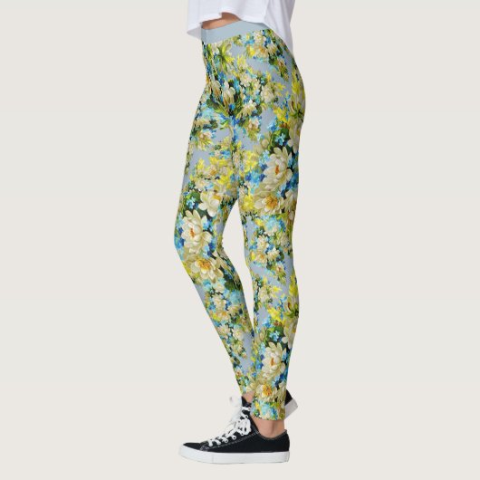  Blauw Wit Bloemen Patroon Yoga Leggings (Links)