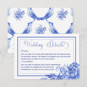Blauw & Wit Bloemen Porselein Bruiloft Details Informatiekaartje