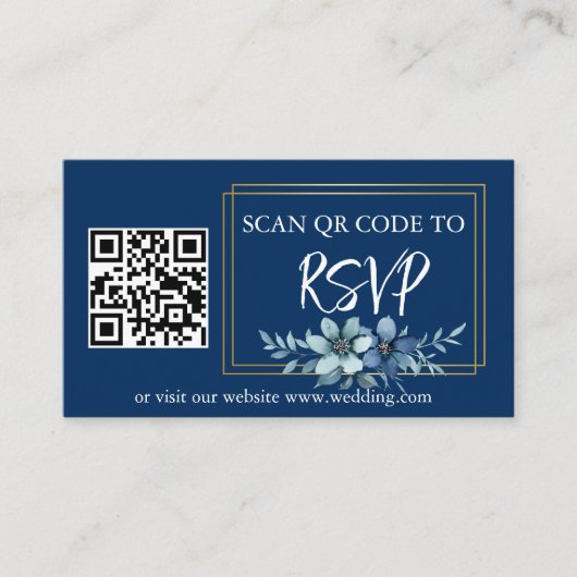 Blauw Wit Bloemen RSVP QR Code Bruiloft Website Informatiekaartje (Voorkant)