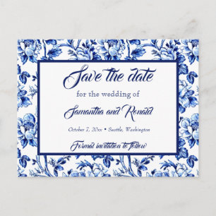 Blauw & Wit Bloemen Toile Bruiloft Save the date Aankondigingskaart