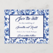 Blauw & Wit Bloemen Toile Bruiloft Save the date Aankondigingskaart (Voorkant)