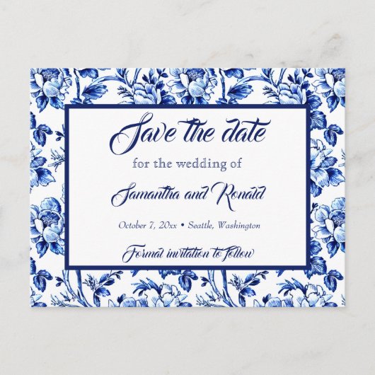 Blauw & Wit Bloemen Toile Bruiloft Save the date Aankondigingskaart (Voorkant)