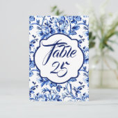 Blauw Wit Bloemen Toile Trouwtafel Nummer Kaart (Staand voorkant)