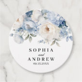 Blauw & Wit Bloemen Trouwgunst Labels (Voorkant)