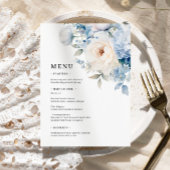 Blauw & Wit Bloemen Trouwmenu's Menu